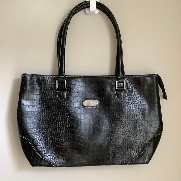 Bob Mackie Black Faux Crocodile Reptile Textured Everglades Large Weekender Tote - Picture 1 of 9